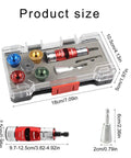 Heavy Duty Drill Mount Wire Strippers Adjustable Cable Peeler For Fast Copper And Aluminum Insulation Removal No Sweat Power Drill Compatible tool set with red and silver wire stripper in clear case.