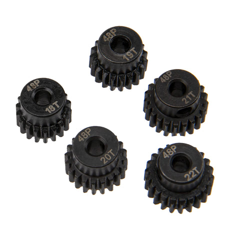 Five Pack 48P Pinion Gear Sets 18T 19T 20T 21T 22T For 3.175mm Shafts Hardened Steel Fits 1/10 RC Cars and Monster Trucks