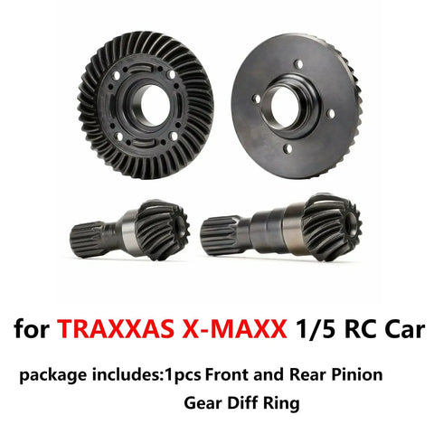 Traxxas X-MAXX Beefy Heavy Duty Hard Steel Differential Ring Gear And Pinion Set with Helical Teeth, shown in chrome steel