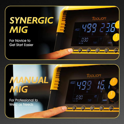 Close-up of 'Do It All Six In One Welder For MIG TIG Stick Flux Core Spool Gun And Plasma Cutter With Dual Voltage 110 Or 220V Aluminum Compatible All In One Multiprocess Welding Machine For Home Shop And Pros' control panel showing synergic and manual MIG settings.