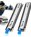 One Pair Heavy Duty Locking Drawer Slides With Bottom Mounted Concealed Design For Smooth Quiet Operation Pro Grade Quality Durable Cabinet Hardware That Hides Under Drawers For A Clean Rugged Look, stainless steel pair with blue release handles