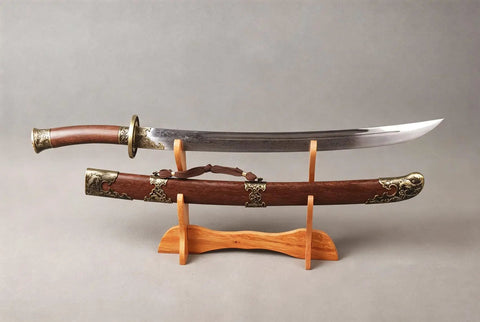 Folded Steel Dao Sword With Phoenix Motif, Handmade High Carbon Blade With 32,768 Layered Steel For Superior Flex And Edge, displayed on stand