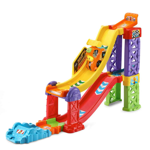 Colorful Go Smart Wheels 3 In 1 Launch Raceway Build Dual Race End To End Super Race And Side By Side Stunt Track with car on slope