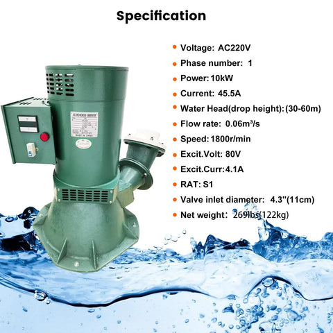 10KW Hydro Power Generator Water Turbine For AC 220V Single Phase Pelton Turbine 0.06 M3/S Flow 1800 Rpm High Head Low Flow Design