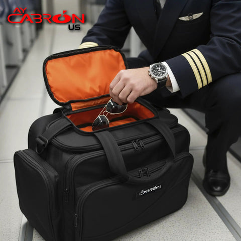 Pilot placing sunglasses in Pro Grade Pilot Flight Deck Bag Lightweight And Water Resistant For Airbus And Boeing Compatible