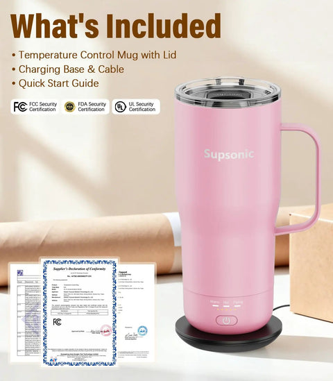 Self Heating Coffee Mug 20oz Electric Temp Control Warmer Keeps Your Brew Piping Hot With Three Rad Heat Settings with charging base.