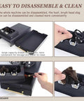 Electric Portafilter Cleaner With Rugged Knock Box showing easy disassembly, large capacity residue drawer, and cleaning brushes.