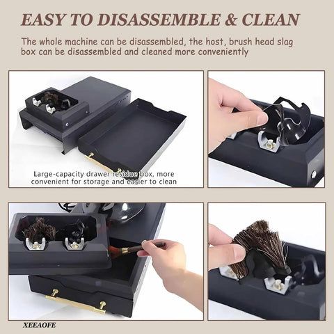 Electric Portafilter Cleaner With Rugged Knock Box showing easy disassembly, large capacity residue drawer, and cleaning brushes.