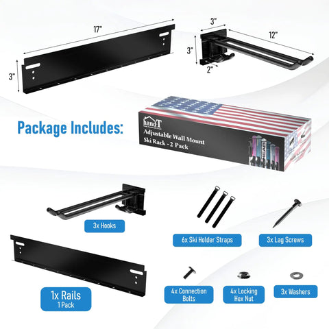 Diagram of Big Boy Ski Rack Wall Mount For Garage Storage showing dimensions and included parts for storage solution.
