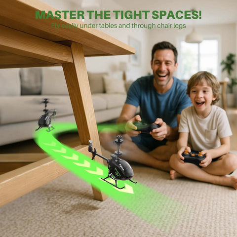 Child and adult playing with Palm Sized Mini RC Helicopter With Gyro Stabilizer And Altitude Hold For Indoor Flight under table.