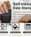 Custom Self Inking Date Stamp With Signature Business Document Marking Tool, shown in use, depicting re-inkable ink pad, 0.51 x 1.1 inch size.