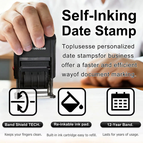 Custom Self Inking Date Stamp With Signature Business Document Marking Tool, shown in use, depicting re-inkable ink pad, 0.51 x 1.1 inch size.