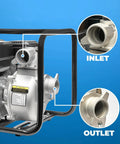 Beast Of A Gas Powered Trash Pump 2 Inch, 158 GPM, 7.5 HP 212cc engine showing inlet and outlet ports with metal fittings