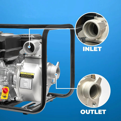 Beast Of A Gas Powered Trash Pump 2 Inch, 158 GPM, 7.5 HP 212cc engine showing inlet and outlet ports with metal fittings