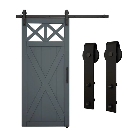 Designer Interior Barn Door Hardware Kit 72 Inch Matte Black Sliding Track with soft close rollers and heavy duty wall mount system.