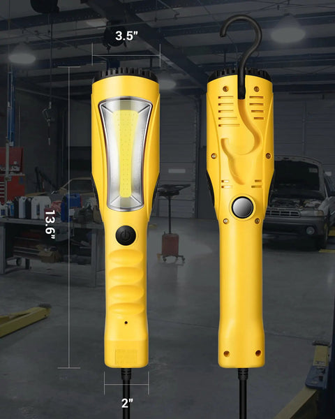 Front and side view of Workhorse Handheld LED Work Light With 15 Ft Cord 1200 Lumen Brightness Underhood Ready Magnet Mount