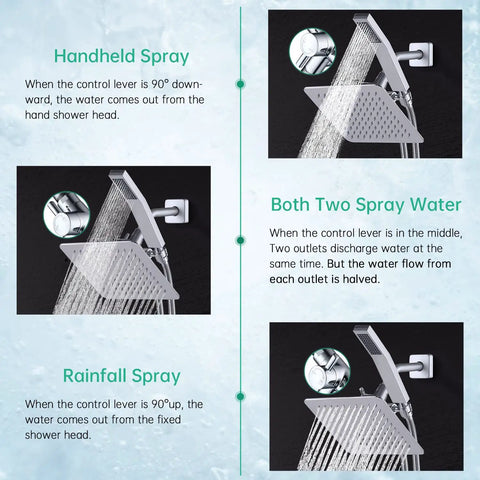 Dual Shower Head System With Rainfall Top Spray And Handheld 70 Inch Flexible Hose Smooth 3 Way Diverter Easy Install Chrome Finish 2 In 1 Shower Head Combo with illustration of spray settings.