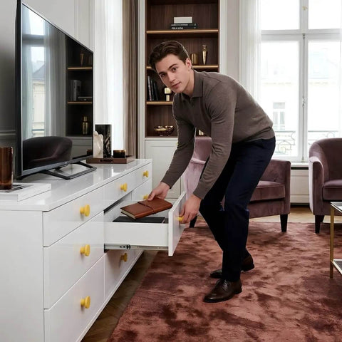 Get Those Mid Century Modern Vibes Going With This Solid Aluminum Cabinet Knob, sleek sunflower yellow knobs on drawer.