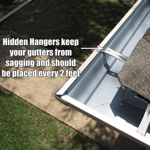 View of 6 Inch Gutter Hangers Kit with 60 Pcs Preinserted Quick Screw Clips Hidden Bracket for 6 Inch K Style Aluminum Gutters installed.