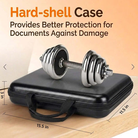 Hella Secure Fireproof Document Box With Lock And 13 Pocket Accordion File Folder in hard-shell case, measuring 15.5x11.5x3 inches.