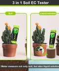 4 In 1 Soil PH Moisture EC Tester With Temperature used in cactus pot and liquid solution, digital display visible