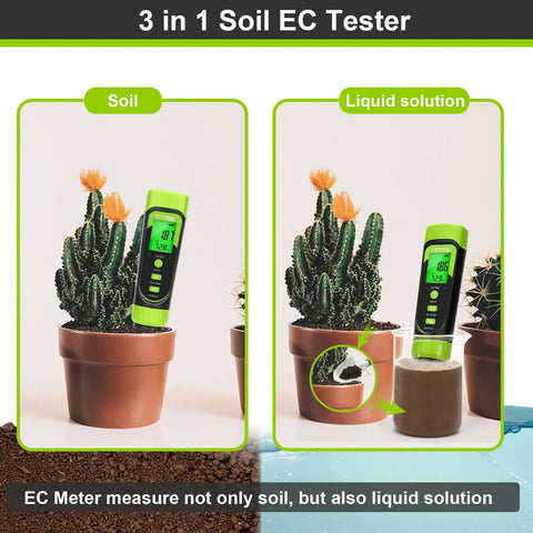 4 In 1 Soil PH Moisture EC Tester With Temperature used in cactus pot and liquid solution, digital display visible