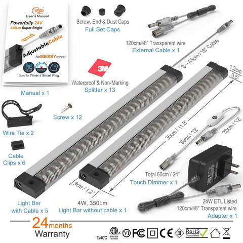 Under Cabinet LED Light Bar Kit Six Pack 12 Inch Plug In Dimmable Lighting No Messy Wires Built In Adjustable Cable 6500K 2700LM