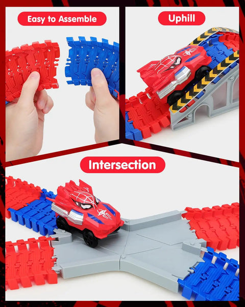 Spider Themed Race Track Set For Kids Ages 3 To 8 With Two Spider Cars And 212 Flexible Track Pieces details and assembly