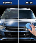 Before and after using Six Pack 5 Inch Car Wax Applicator Pads on a blue car hood with round foam and microfiber pad in hand