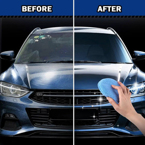 Before and after using Six Pack 5 Inch Car Wax Applicator Pads on a blue car hood with round foam and microfiber pad in hand