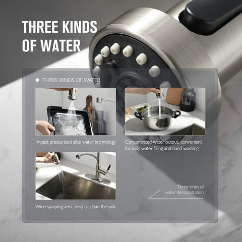 Pull Down Sprayer Kitchen Faucet With Single Handle In Brushed Nickel Finish, showing three water spray functions demo