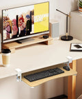Slick Under Desk Keyboard Tray With Heavy Duty C Clamp Mount, ergonomic pull out platform under desk with light wood finish, 25.6x11.8 inches.