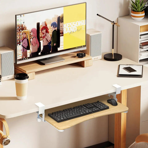 Slick Under Desk Keyboard Tray With Heavy Duty C Clamp Mount, ergonomic pull out platform under desk with light wood finish, 25.6x11.8 inches.