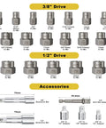 Heavy Duty 24 Piece Bolt Extractor Kit With One Half Inch And Three Eighth Inch Drive showing sockets and accessories layout