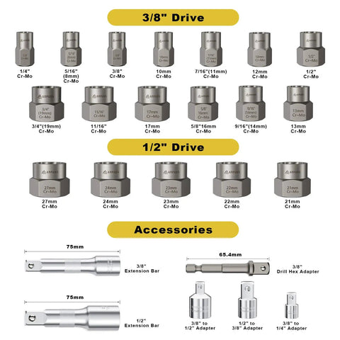 Heavy Duty 24 Piece Bolt Extractor Kit With One Half Inch And Three Eighth Inch Drive showing sockets and accessories layout