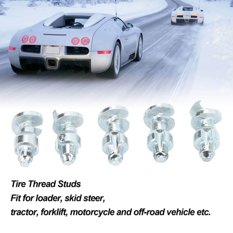 50 Pack Anti Slip Tire Thread Studs For Heavy Duty Traction On Loader Skid Steer Forklift Tractor Motorcycle And Off Road Vehicles Tungsten Steel Snow Screws With Aluminum Base Delivering Enhanced Grip And All Weather Safety shown with sports car in snowy background.