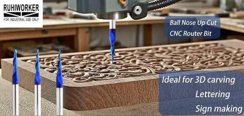 Three Pack Tapered Ball Nose Router Bits One Eighth One Sixteenth One Thirty Second Inch Cutting Diameter One Quarter Inch Shank Sweet Nano Blue Coated Up Cut Solid Carbide CNC Bits For 2D And 3D Carving Two And A Half Inch Overall Length shown carving wood.