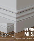 Paintable white Half Round Cord Hider And Cable Concealer With Peel And Stick Adhesive, installed above baseboard without wires visible