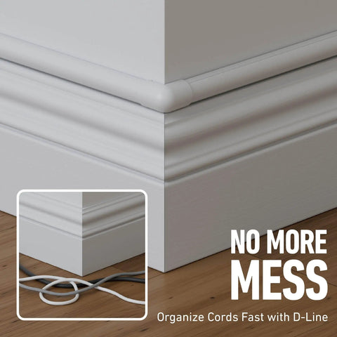 Paintable white Half Round Cord Hider And Cable Concealer With Peel And Stick Adhesive, installed above baseboard without wires visible