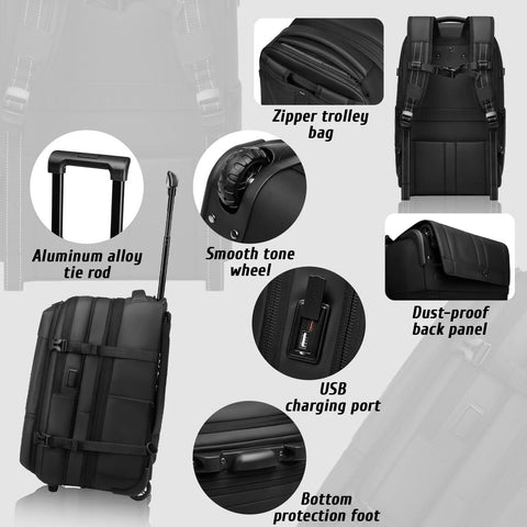 21-inch black carry-on luggage with wheels, USB port, and removable vacuum-seal bag.