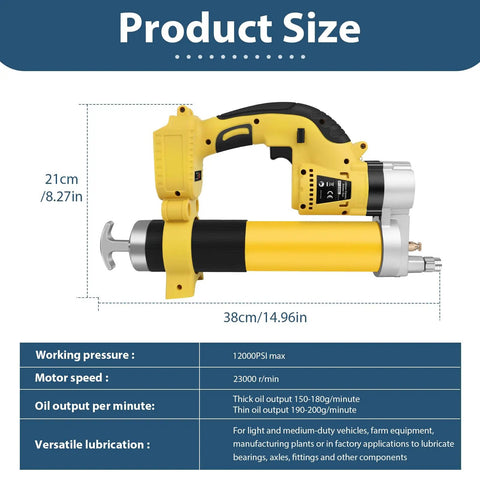 Cordless Grease Gun With LED Light 12000 PSI High Pressure Tool dimensions listed with detailed view of the device