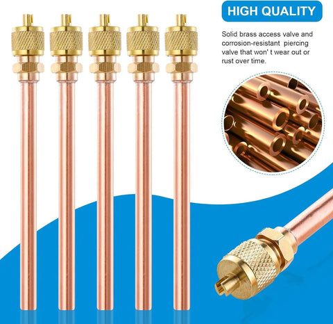 Four copper refrigeration service valves with brass fittings, 1/4 in SAE x 1/4 in OD, 2.5 in stem
