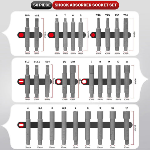 BILITOOLS 50-piece shock absorber socket set for automotive suspension, gray sockets with ratchet adapters (front view)