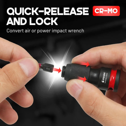 Close-up of Heavy Duty Impact Socket Adapter Set With Universal Swivel Joints, CR-MO And CR-V Hardware in use, quick-release feature visible
