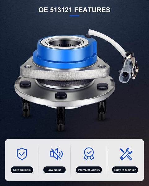 Front/Rear Wheel Hub & Bearing Assembly OE 513121 with ABS, 5-Lug, Flange 5.80 in, features displayed below