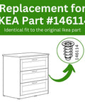 Replacement for IKEA Part #146114 compatible with furniture is displayed alongside a drawing of a cabinet.