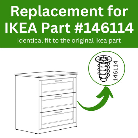 Replacement for IKEA Part #146114 compatible with furniture is displayed alongside a drawing of a cabinet.