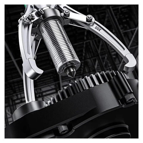Beefy 10 Ton To 20 Ton Hydraulic Three Jaw Bearing Puller With Integrated Lateral Split Arms close-up of gripping claws on a gear.