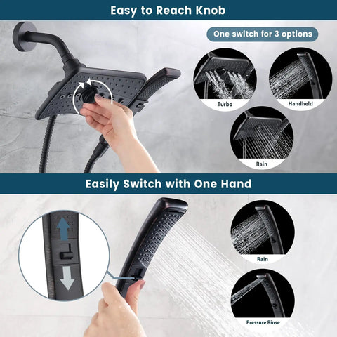 High Pressure Dual Shower Head System With Rainfall And Handheld Spray Oil Rubbed Bronze Finish, front switch demonstration