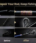 Complete 3-In-1 Fishing Rod Tip Repair Kit Loaded With Pro Gear To Restore Broken Tips And Refit Split Guides Fast So You Can Keep Tight Lines No Sweat Ever, before and after rod repairs.